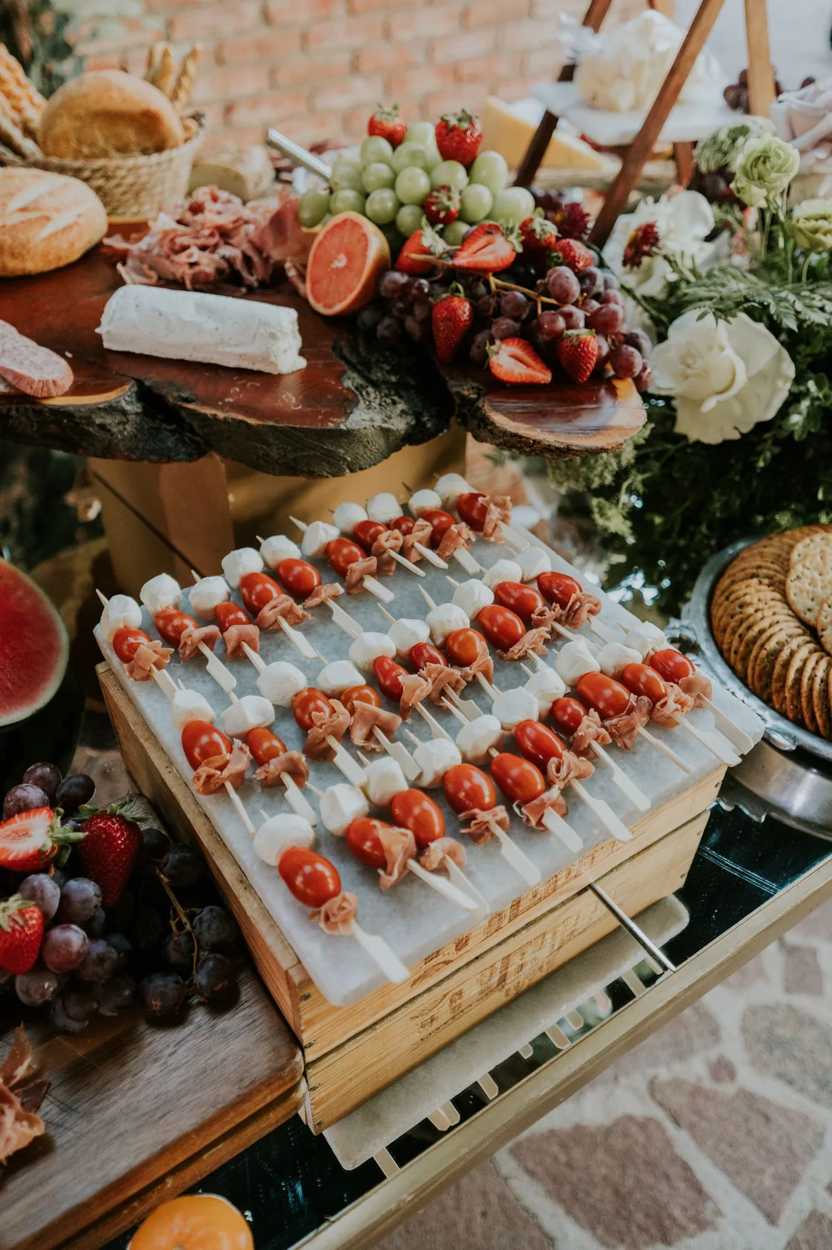 Caprese skewers on a catering appetizer display in Las Vegas